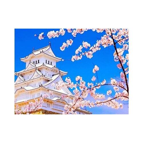 ARMYQZAncient architecture scenery cherry blossom DIY round diamond square diamond diamond painting cross stitch diamond mosaic
