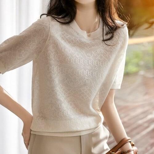 Blusas Spring and Summer New Thin Bottoming Streetwear Womens Clothing Perspective Ice Silk Knitted Blouse Top White Shirt 14798