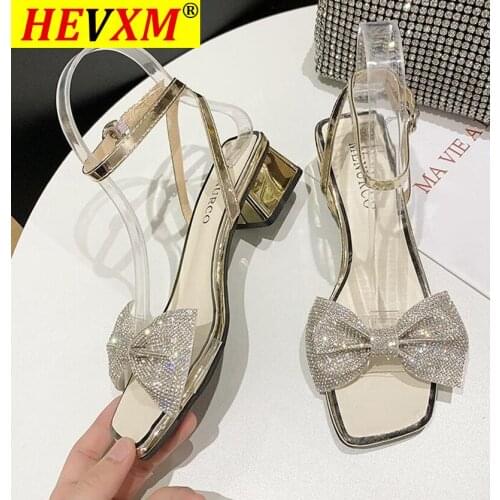 2021 Summer New Square Head Rhinestone Bow Square Heel Sandals Roman Strap Fairy Transparent High Heels