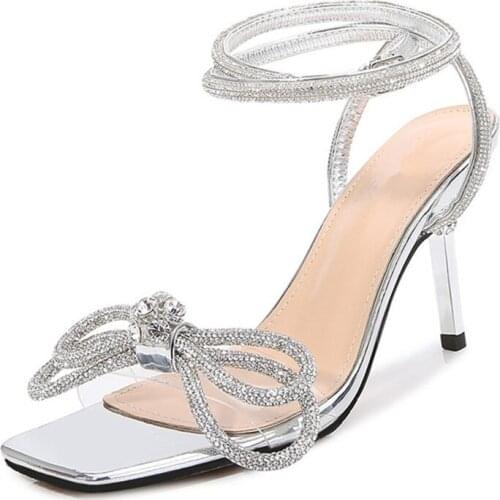 Bling bling Crystal bowknot Women Sandals Fashion square toe high heels Gladiator Sandals Elegant Summer Wedding Bridal Shoes