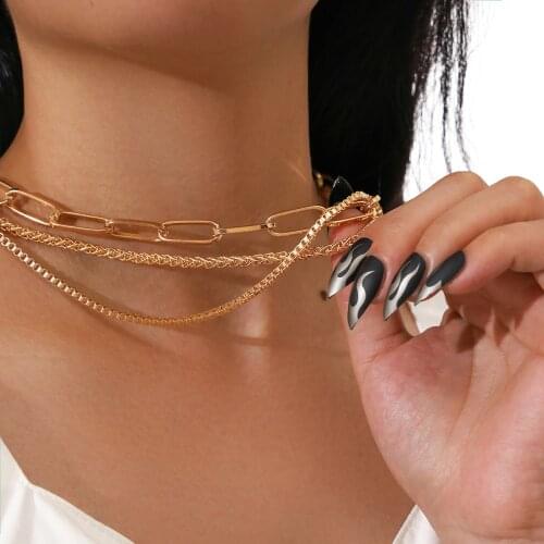 European and American Fashion Punk Wind Ornaments with Multi-layer Thin Box Chain Neck Chain Womens Necklace 3 Pcs