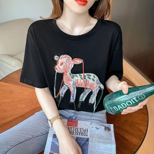 Korean embroidery tassel Summer Fashion T Shirt Women Tops Loose animal pattern Short sleeve Women Tshirt Tops black t shirts