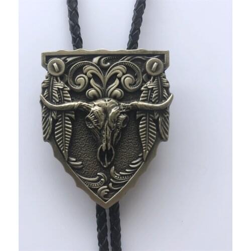 Antique Bronze Plated Longhorn Bull Western Bolo Tie Neck Tie Leather Necklace