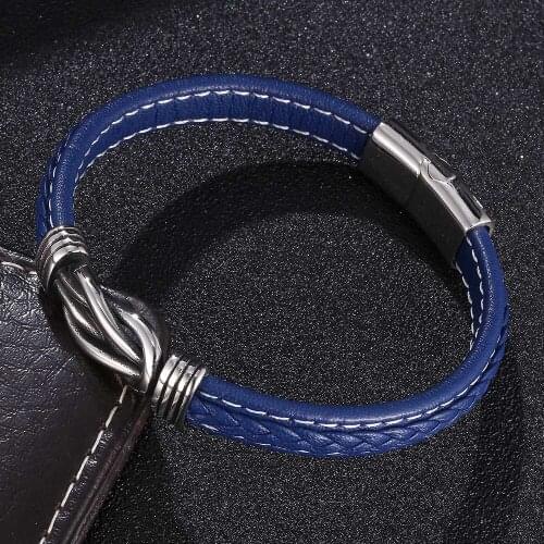 Fashion Black/Blue Leather Bracelet Men Jewelry Stainless Steel Magnetic Buckle Women Bangle Gifts