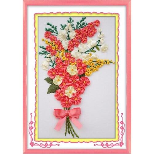 35x50cm 3D A bunch of flowers Ribbon embroidery kit stain painting set handcraft kit DIY handmade needlework art home decor