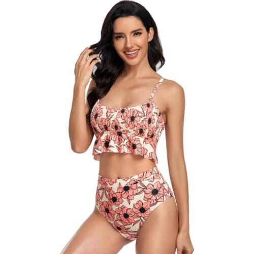 2021 New Floral Printed High Waist Two Pieces Bikini Set Swimsuit Women Beachwear Swimwear Female Bather Bathing Suit