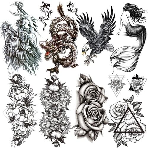 Dragon Fake Temporary Tattoo For Men Women Mandala Flower Tattoos Stickers Eagle Triangle Rose Camellia Tatoos Mermaid Body Hand