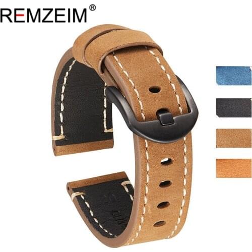 REMZEIM Vintage Handmade Genuine Leather Watch Strap Watch Band Strap With Soild Buckle Cowhide Watch Belt 20mm 22mm 24mm