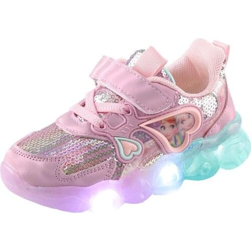 Disney girls sneakers spring new frozen breathable mesh little girl led light shoes soft sole baby shoes childrens net shoes