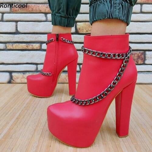 Ronticool Women Winter Platform Ankle Boots Sexy Chain Chunky Heel Round Toe Red Fuchsia Pink Night Club Shoes Plus US Size 5-20