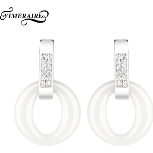 Black White Hollow Circle Shape Earring Rhinestone Hook Smooth Ceramic Earrings Trendy Jewelry For Women Girls Wedding Gift