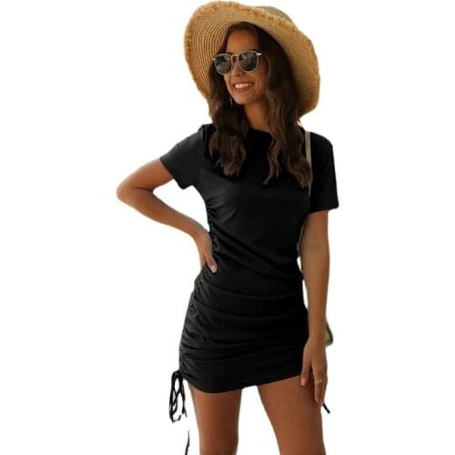 Feelycc Short Sleeve Mini Dress For Women O-neck Ruched Bodycon Elegant Streetwear Side Drawstring Detail Solid Dress