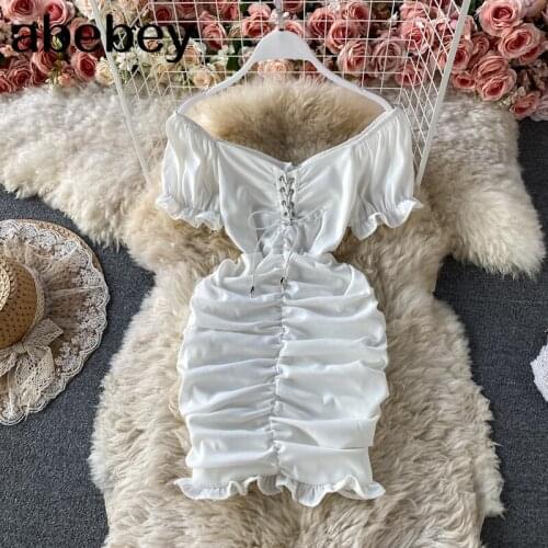 Women Solid Dress Retro Square Collar Puff Sleeve Ruched Slim Pencil Dress Summer Boho Beach Short Dress