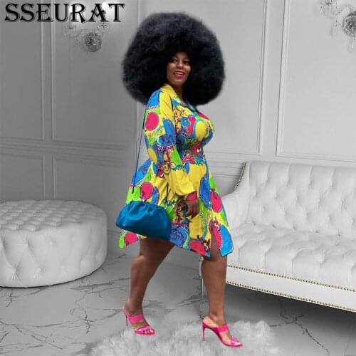 SSEURAT Spring Fashion Print Shirt Dress Women Casual Turn-down Collar Long Sleeved Dress