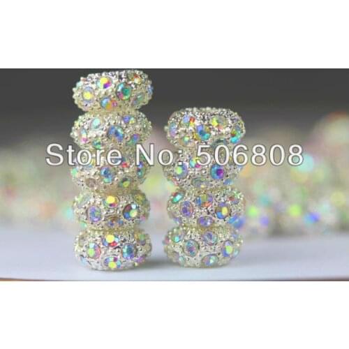 100pcs Silver Color with AB Crystal Rhinestone Rondelle Spacer Metal European Beads Fit Charm Bracelet / Snake Chain Fittings