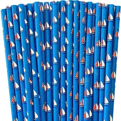 200 pcs Sailboat Blue Paper Straws Bulk-Nautical Navy Sea Sailing Boat Boy Kids Birthday Baby Shower Wedding Party Drinking Soda