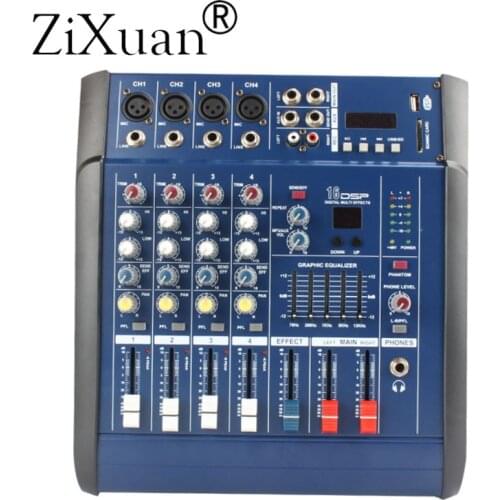 4 Channels Digital Mic Line Audio Mixing Console Power Mixer Amplifier with 48V Phantom Power USB/ SD Slot for DJ Stage