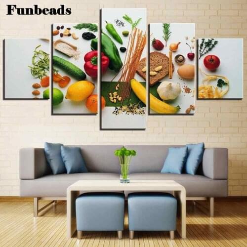 5 panel 5D diamond drawing square diamond modern kitchen restaurant with fruit and vegetable decor Mosaic cross stitch FF3812