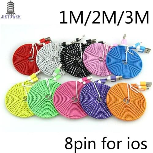 500pcs/lot 1M/2M/3M colorful Flat Braided Fabic Woven 8pin USB Data Sync Charger Cable for iPhone 5 6 7 6S Plus 7 8 xs wholesale