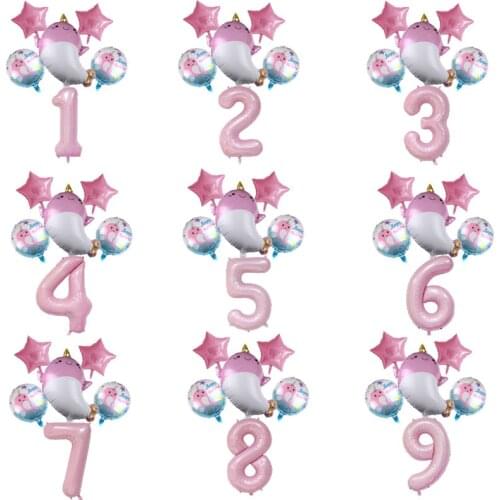 6pcs Pink Blue Lovely Foil Unicorn Whale Balloons Pearly Number Balloon Children Birthday Party Decorations Baby shower Globos