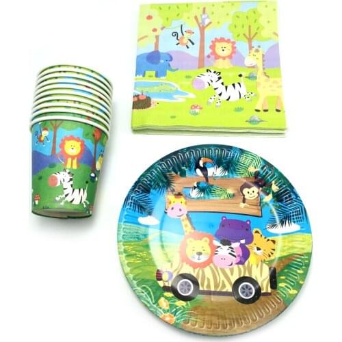 60pcs/lot Jungle Animal Decoration Plates Cups Baby Shower Kids Boys Favors Glass Happy Birthday Party Events Paper Napkins