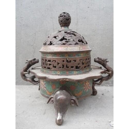 Free shipping AA 17" China bronze cloisonne fancy carved dragon Incense Burners Sculpture statue