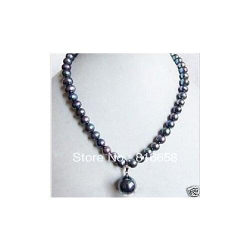 ELEGANT TAHITIAN 7-8mm BLACK PEARL NECKLACE PENDAN 18"