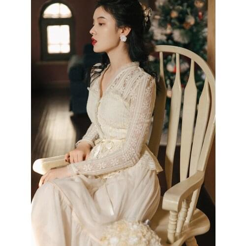 Elegant Vintage Style Outfits Korean Fahion Long Sleeve V-Neck Lace Shirt Tops Blouse & Mesh Midi Skirt 2 Piece Set Women Suits