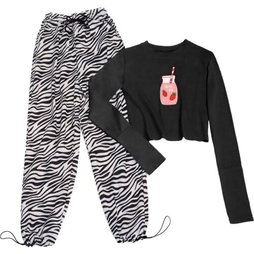 Harajuku Kawaii Strawberry Sexy Tight T-Shirt Cotton Long Sleeves Stripe Pants Sets Women TShirt Cute Girls Casual Fashion Tees