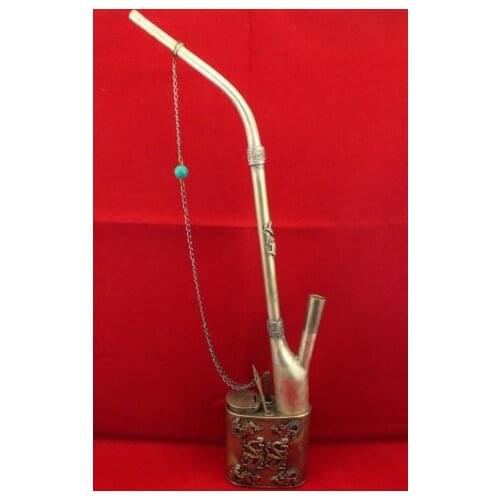 Exquisite Chinese old Tibetan Silver Dragon Phoenix Smoke Pipe