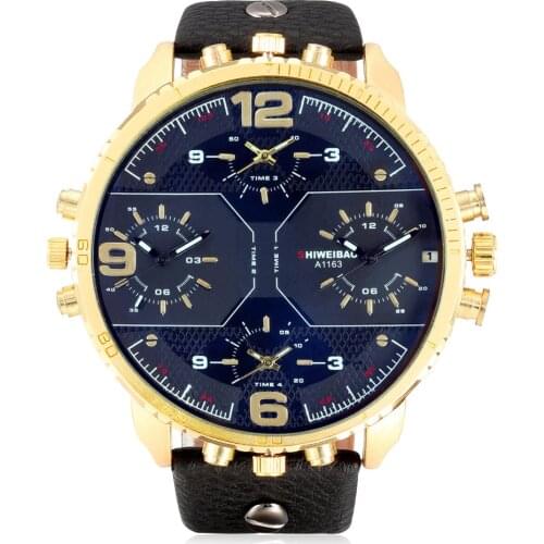 Cool Big Watch Men Watches Quartz Wrist Watch Golden Case Leather Army Quartz-Watch Relogio Masculino 4 Time Zones Military Hour