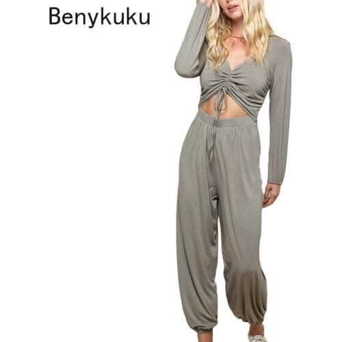 Rompers Womens Jumpsuit One Piece Outfit Women Sexy Cropped Drawstring Long Sleeve Top Harem Loose Pants Playsuit Bodysuit 2021