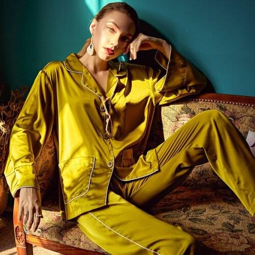 Pajamas Set Satin Lounge Wear Women Sleepwear Casual Pijamas 2PCS Shirt&Pants Solid Nightwear PJS 2021 New Intimate Lingerie