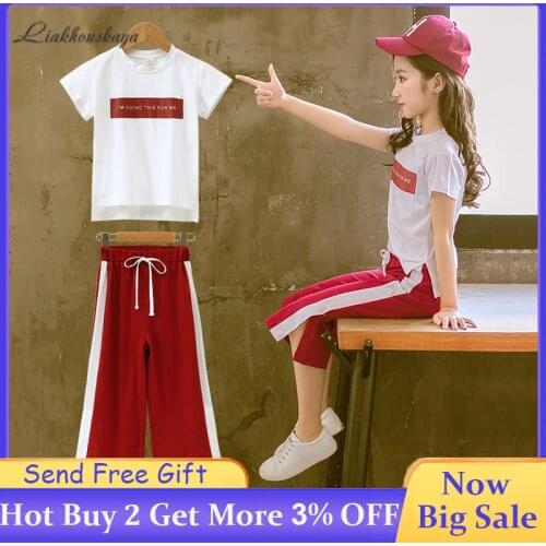 Girls Clothes Sets Baby Summer Cotton Motion T-Shirt + Striped Wide-Leg Pants Two-Piece Youth Sports Leisure Suit 3-13 Years