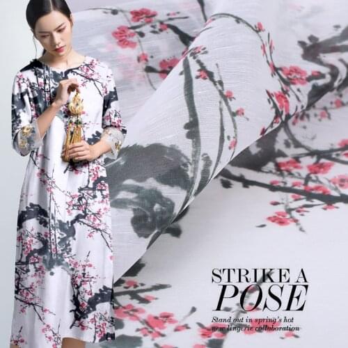 Red plum ink color 140cm wide silk linen fabric digital printing silk fabric summer silk clothing dress line fabric wholesale