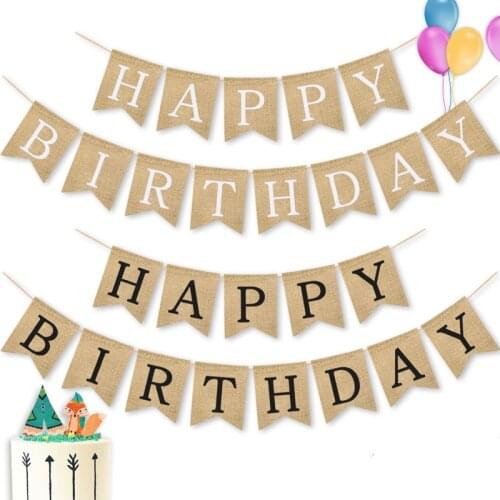 Linen Happy Birthday Banner Linen Decoration Pull Flag Banner Baby Shower DIY Birthday Party Decoration