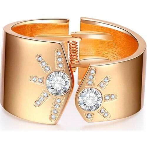 ORNAPEADIA Fashionable and Popular Wide-sided Asymmetrical Diamond-set Alloy Bracelet Glossy Exaggerated Golden Cuff Bracelet