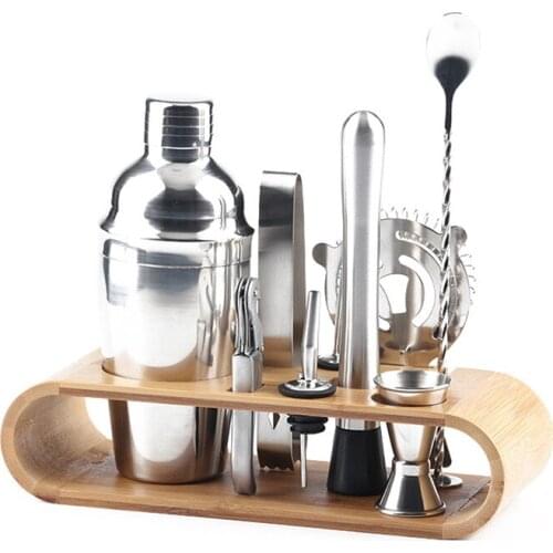 Stainless Steel Bar Tools Cocktail Shaker Mixer Wine Martini Shaker 10 Pcs Set with Wooden Rack for Drink Party Bar Tools