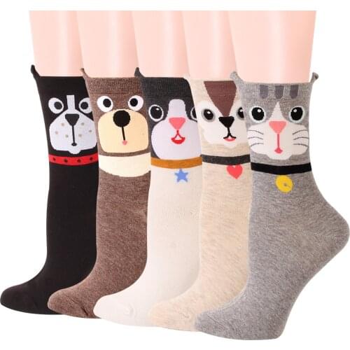 12 Pairs Women Middle Tube Socks Cartoon Animal Socks with Ears Soft Cotton Dress Crew Socks for Spring Summer Autumn