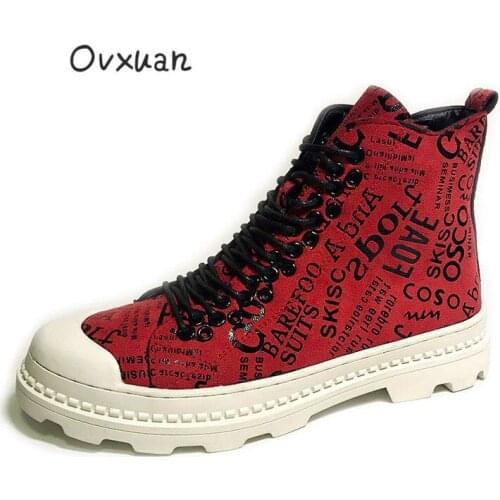 OVXUAN Men Quality 2020 Ankle Boots Deep Red Mens Hip Hop Sneakers White Thick Bottom High Top Leather Boots for Men Army Shoes