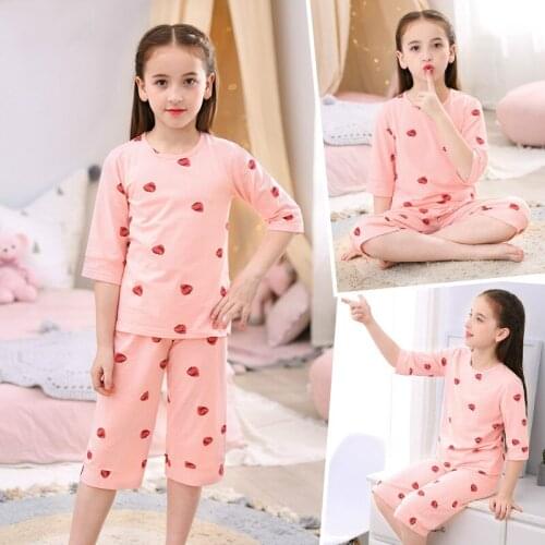 H5679 Girls Pajamas Summer Cotton Short Sleeve Thin Sleepwear Home Clothes Suit Teenager Air Conditioning Room Sweet Nightwear