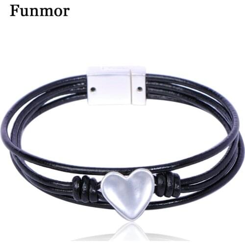 FUNMOR Romantic Multi-layer Bangles Heart-Shape Magnet Bracelet Leather For Women Men Routine Daily Jewelry Accessories Gifts