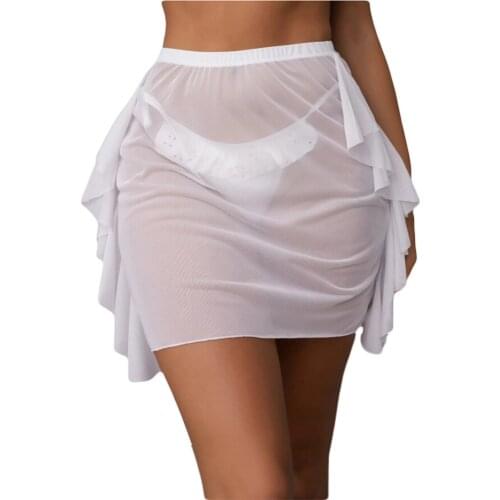 Sexy Beach Bikini Cover Up 2021 Fashion Women High Waist Solid Skinny Ruffle See Through Mesh Mini Skirt Bathing Suit Swimwear