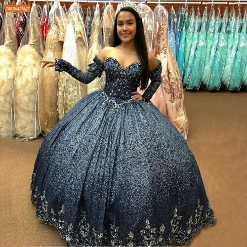 Sexy Ball Gown Evening Dress 2020 Dark Navy Sequin Custom Made Reflective Dresses Long Sleeves Party Formal Dress Women Elegant