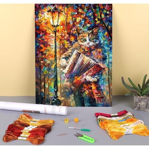 Accordion Cat Printed Water-Soluble Canvas 11CT Cross-Stitch Embroidery Kit DMC Threads Handicraft Hobby Needlework Adults