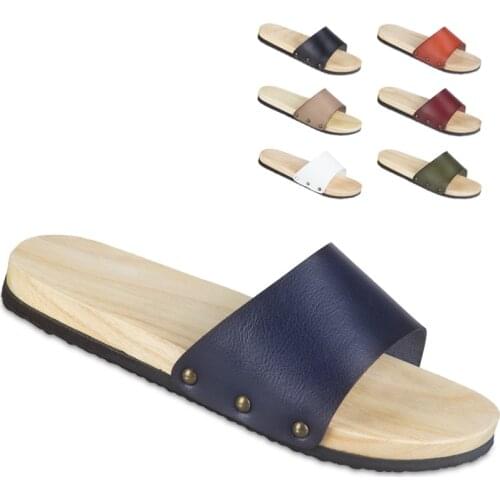 Womens Summer Home Wood Slippers Leather Couples Casual Sandals Flat Heel Men Clogs Beach Slippers Japan Geta