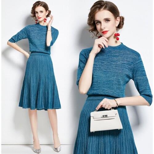 ZUOMAN Women Autumn Elegant Sweater Dress Suit Set High Quality Blue Office Party Robe Femme Vintage Designer Pleated Vestidos