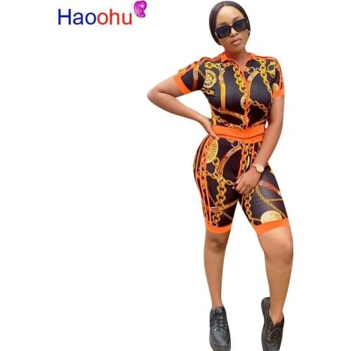 HAOOHU 2019 Summer New Arrival Sexy 2 piece Women Set Color Print O-neck Zipper Short Sleeve Tops Short Pants YMT-6091