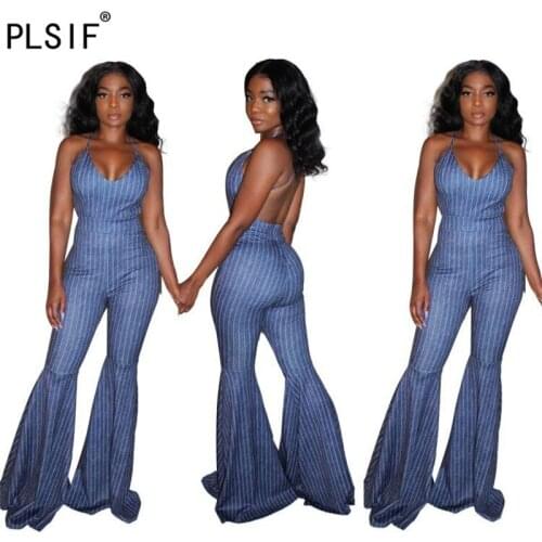 New design 2020 high waist fashion flare pants striped jumpsuits lady summer sexy backless deep v-neck rompers