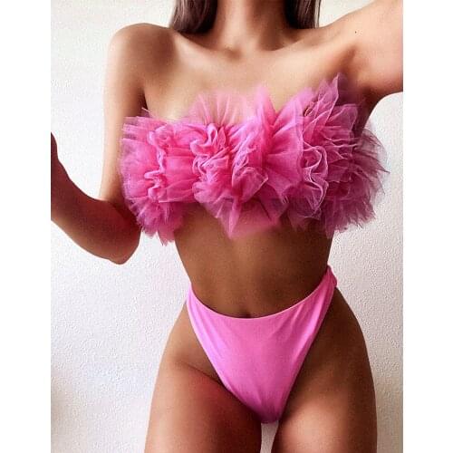 2020 New Sexy 3D Flower Mesh Ruffled Swimsuit High Waist bikini Women Bandeau swimwear female Brazilian Bikini set Bathing Suit